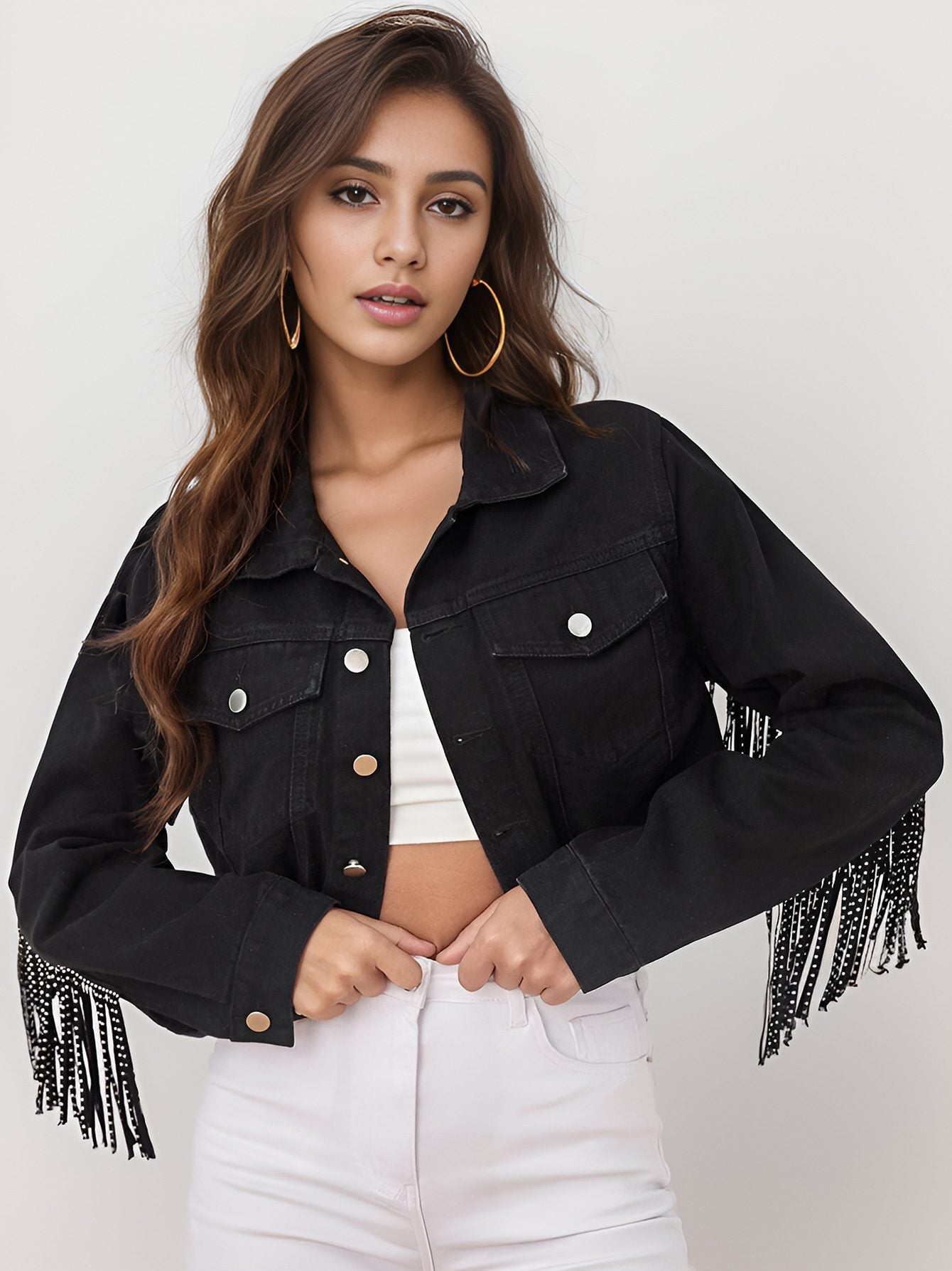 WW | Fransen Denimjacke - Edgy Western Stil - Baumwollmischung - Freizeitaktivitäten