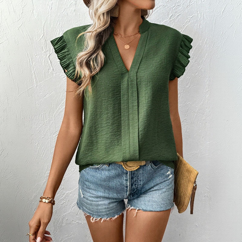 Women's Blouse with Voluminous Ruffled Sleeves and Elegant V-Neck WW