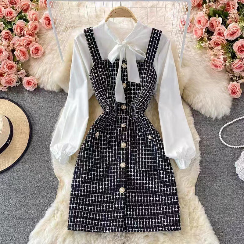 WW | Satz mit Latzkleid Tweed A-Linie Bluse mit Schleife und Puffärmeln