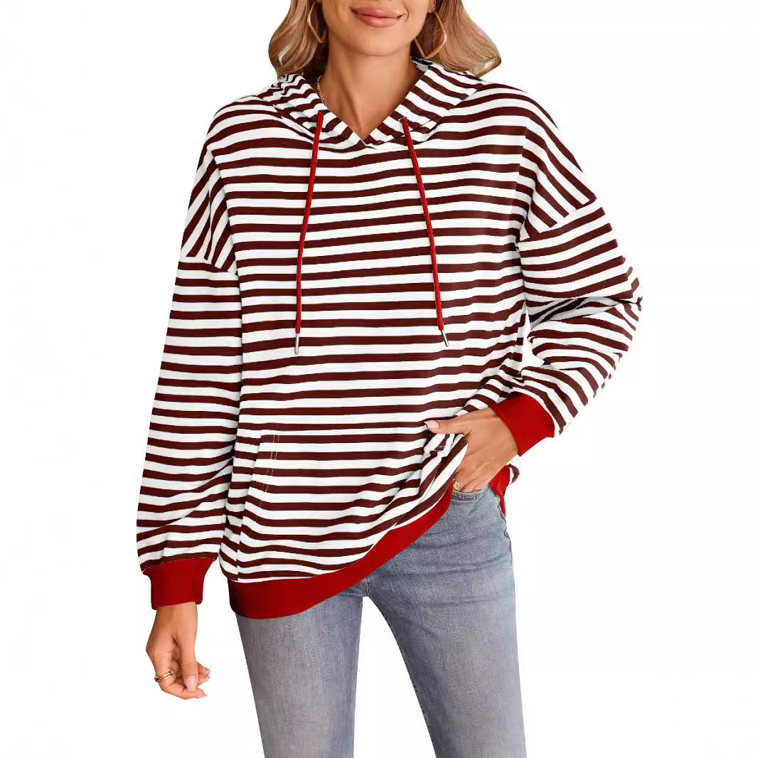 Damen gestreifter Kapuzenpullover mit stylischer Kängurutasche WW