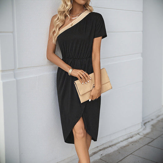 Women's Asymmetrical Midi Dress with Tie-Waist Belt and Modern Details WW