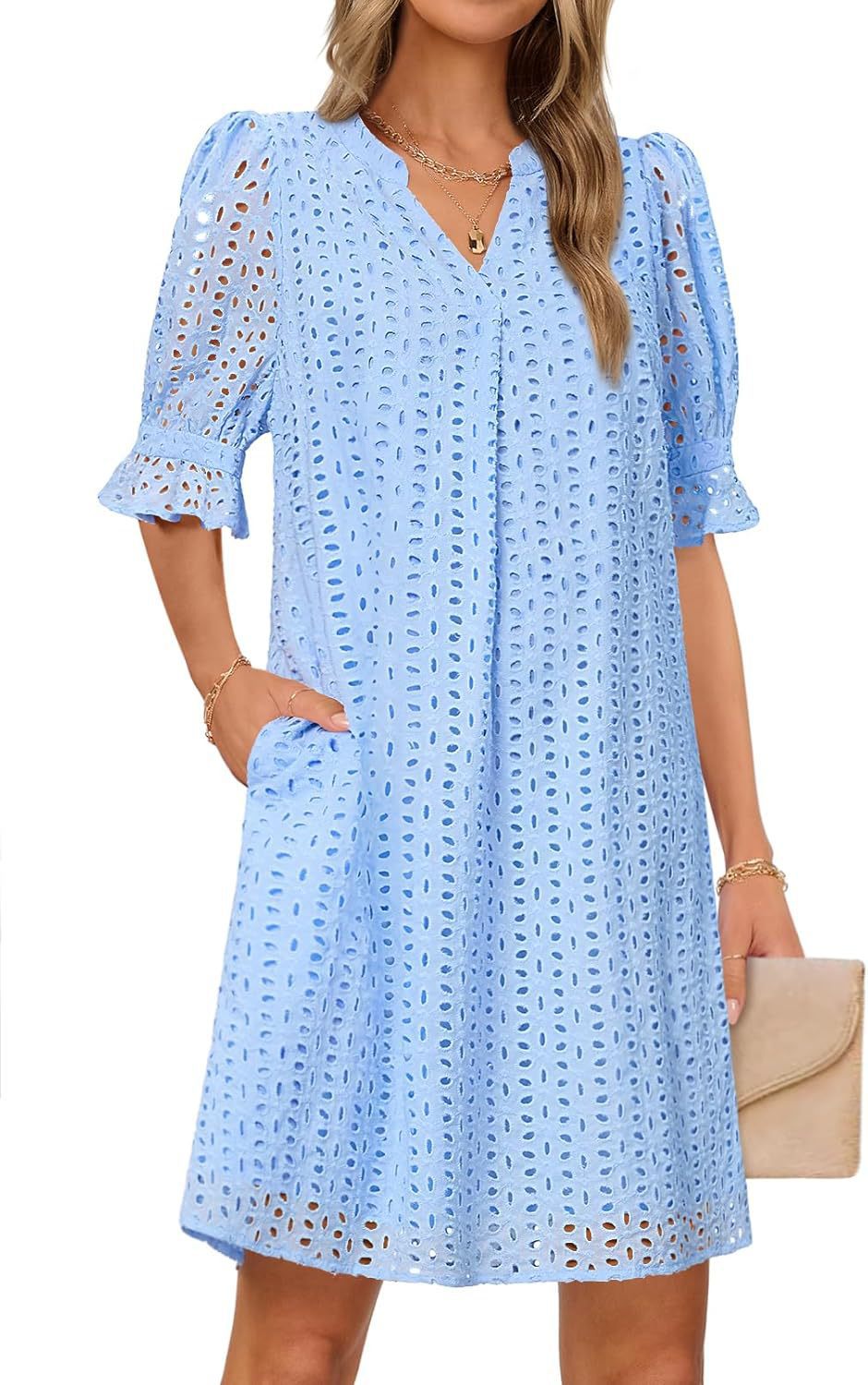 Damen luftiges Sommerkleid mit romantischem Lochmuster und praktischen Taschen WW