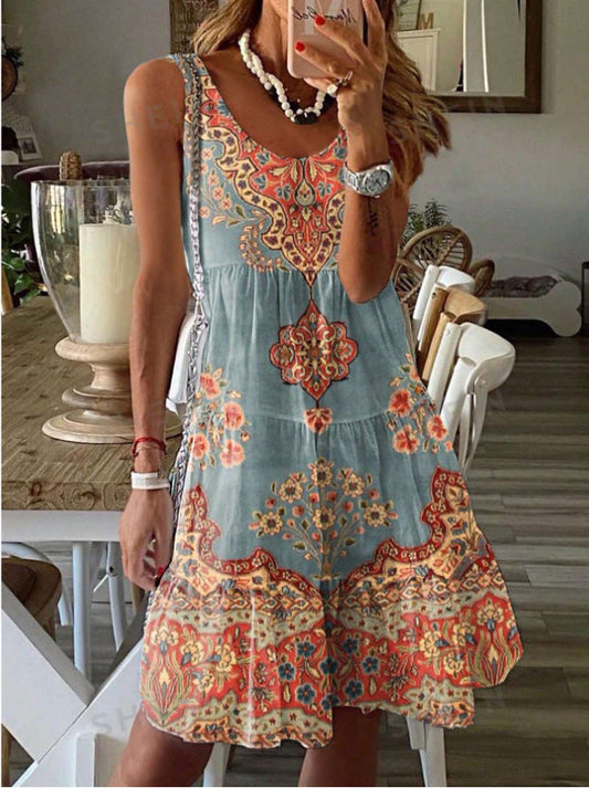 Damen Sommerliches Tunika-Kleid mit floralen Mustern und schwingendem Rock WW