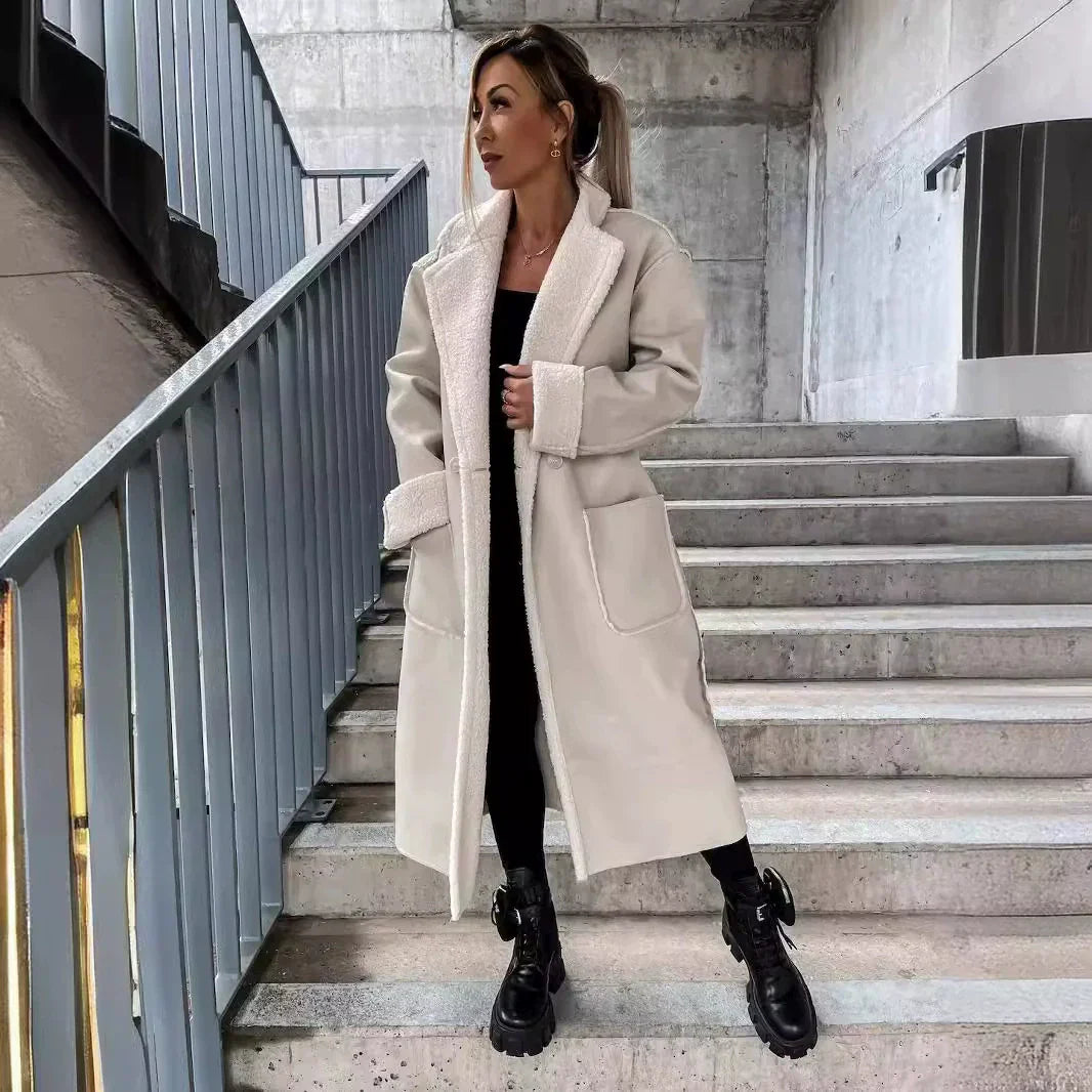 WW | Women's Long Coat – Faux Leather – Oversized Wrap Fit – Plush Trim – Tie Belt