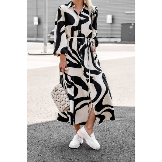 Women's Long Shirt Dress with Modern Wave Pattern and Waist Belt