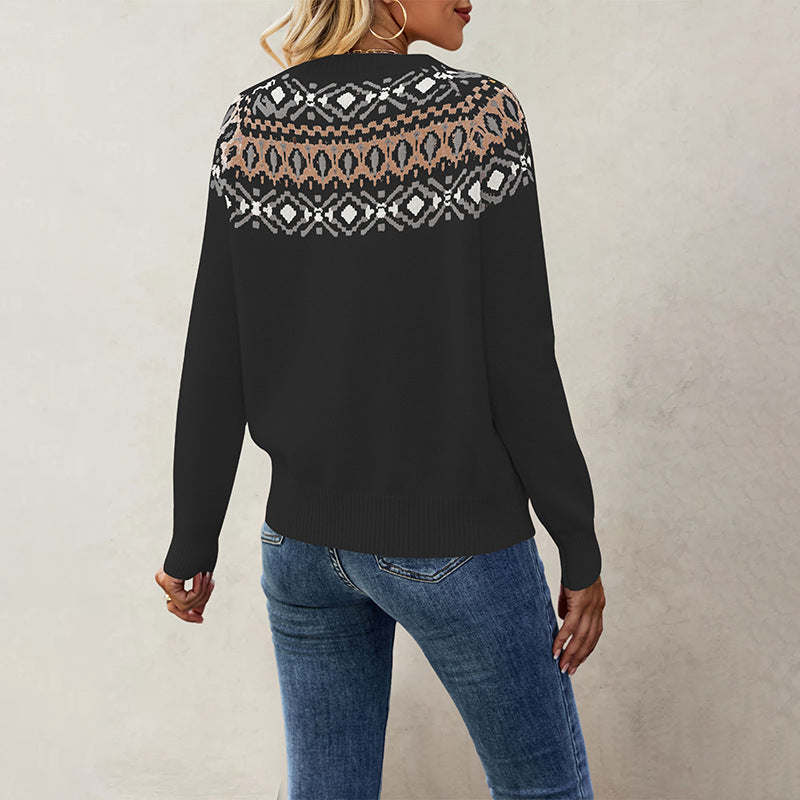 Women's Nordic Pattern Jumper with Round Neck and Casual Cut WW