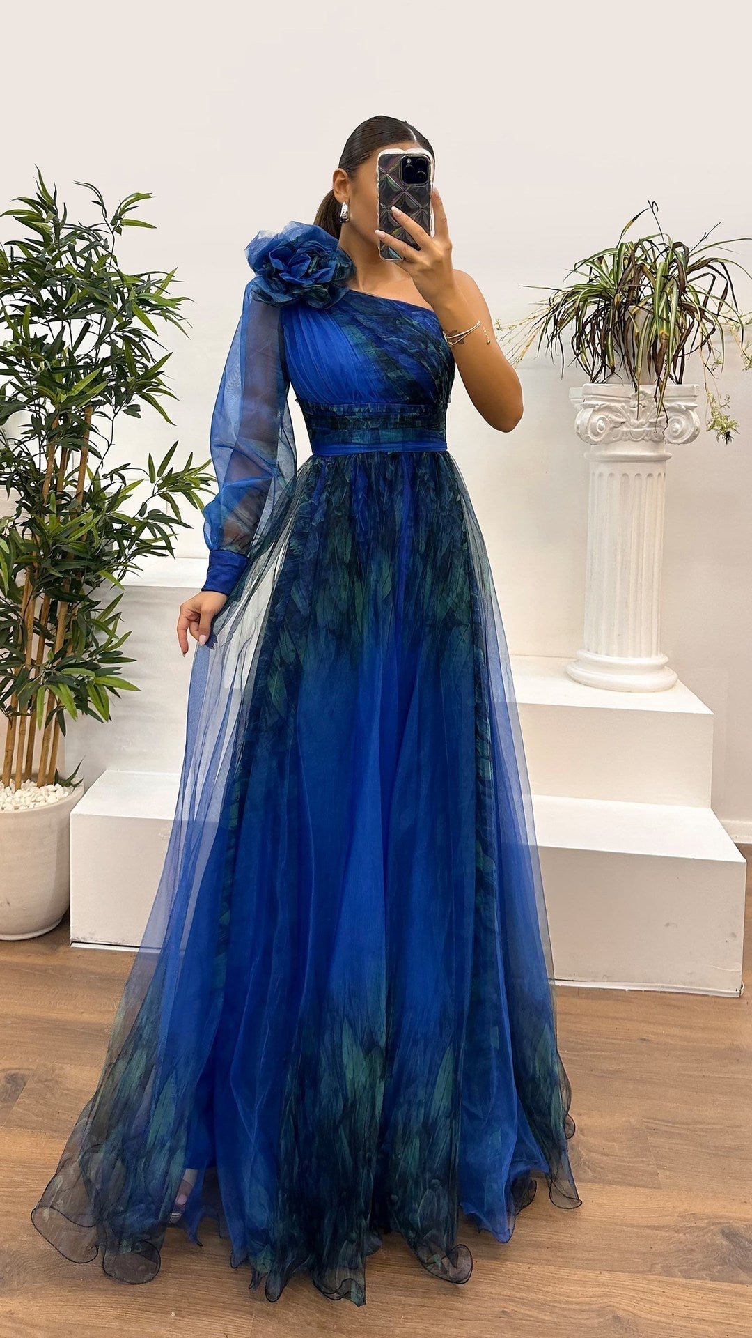 WW | Frühling Herbst Schräg Schulter Mesh Blumenmuster Kleid Lässig Locker Festlich Kleid