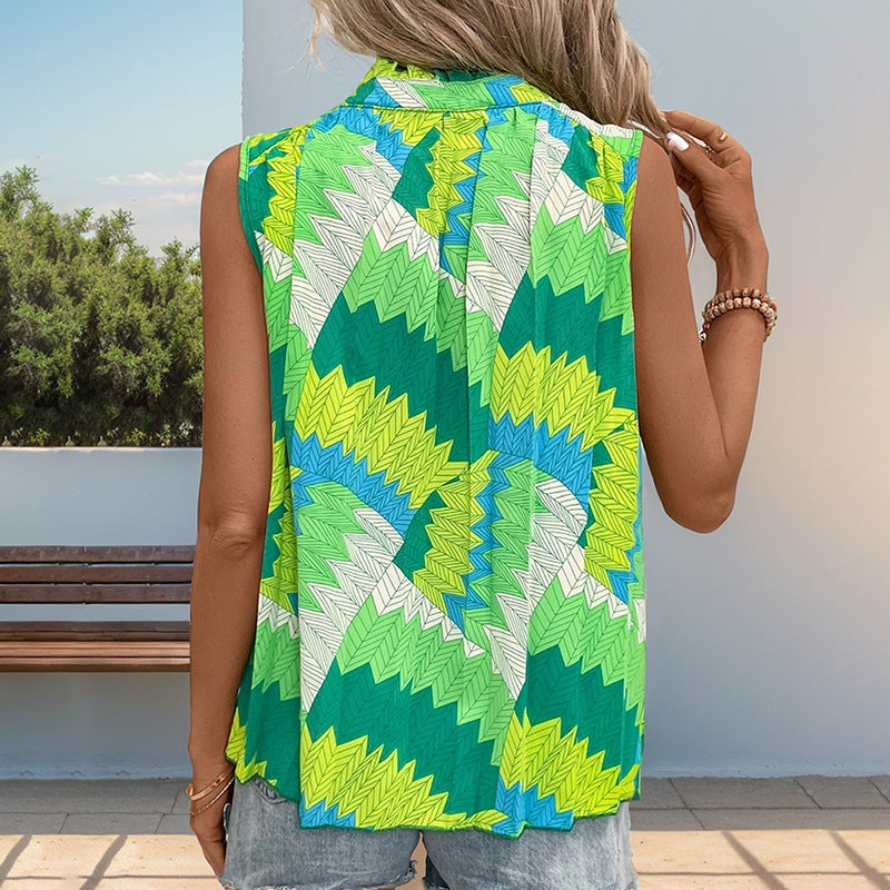 Damen ärmelloses Blusenshirt mit modernem Knotendesign und lebhaftem Muster WW