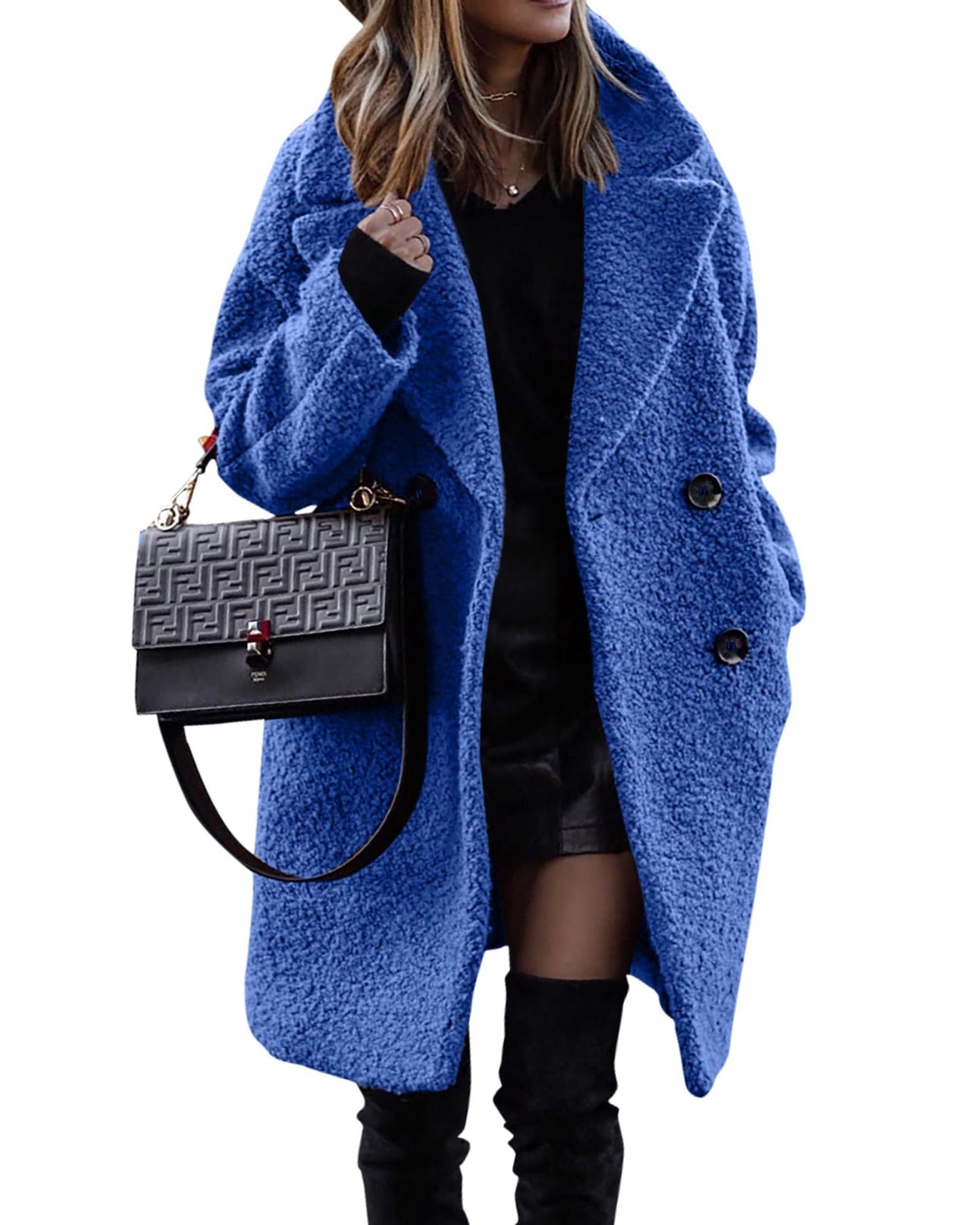 WW | Long black plush coat for a warm style