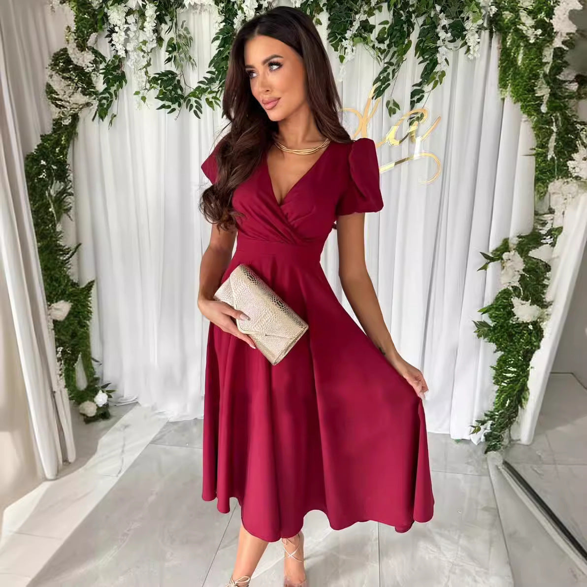 WW | Stylish Commuter Solid Color V-neck Puff Sleeve Dress