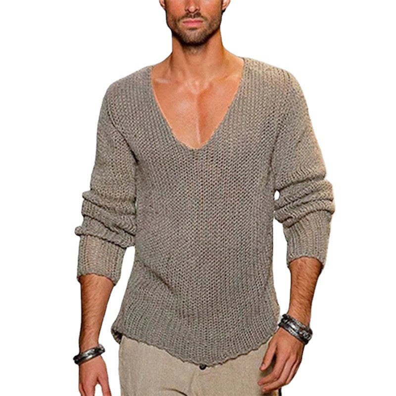 Men's casual knitted sweater with deep V-neck and comfortable fit