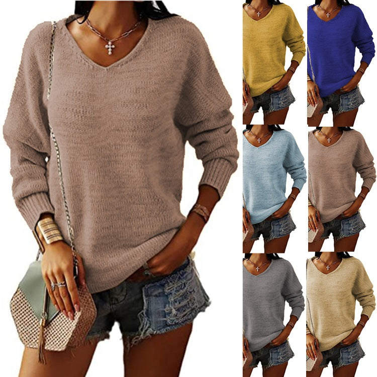 Damen lockerer V-Ausschnitt Pullover aus feinem Strick WW