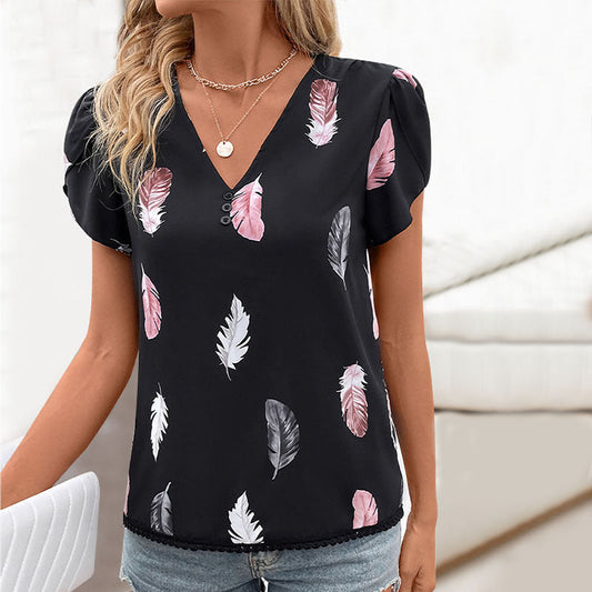 Damen Bluse mit romantischen Federmuster und Puffärmeln WW