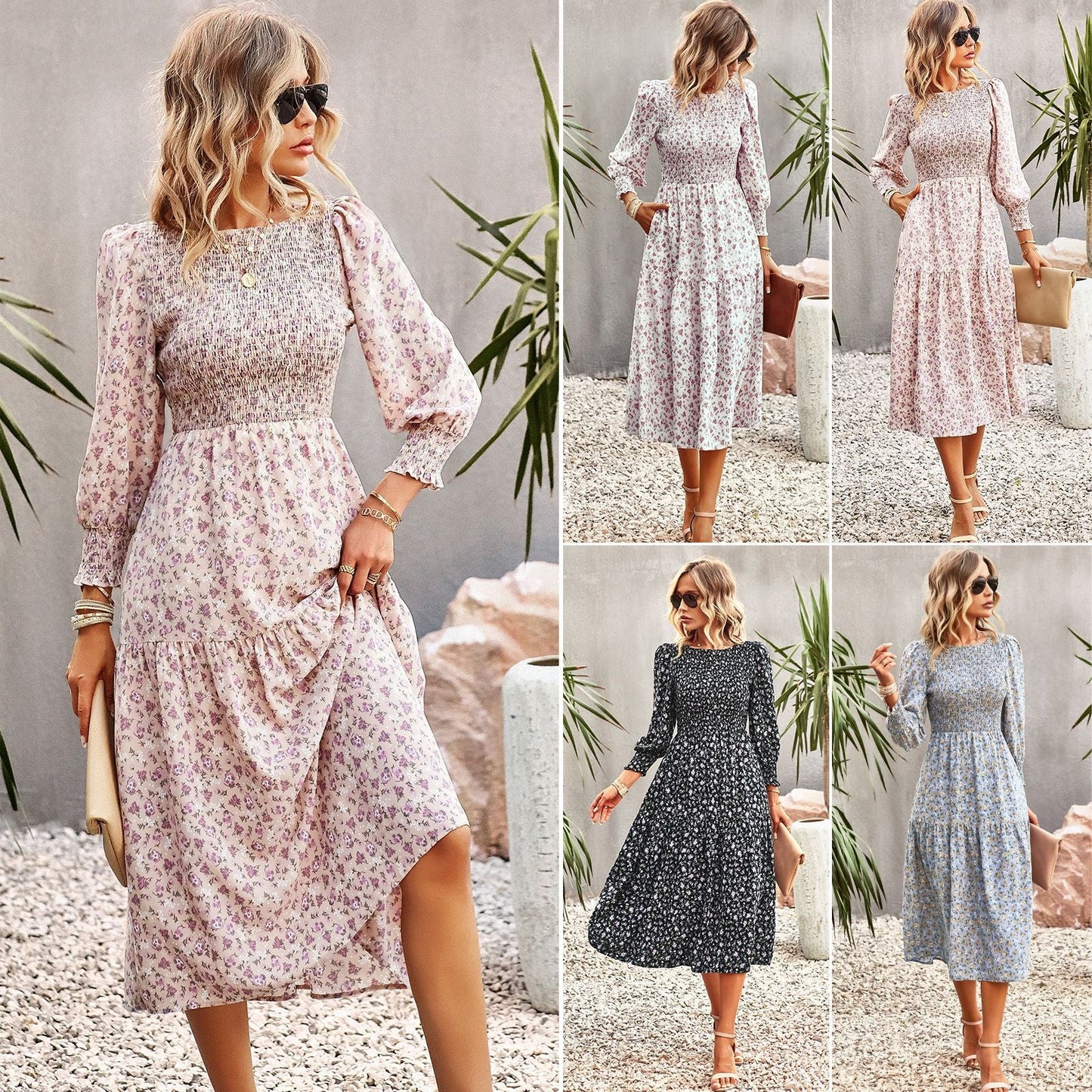 Damen florales Midi-Kleid mit geraffter Taille und langen Ärmeln WW
