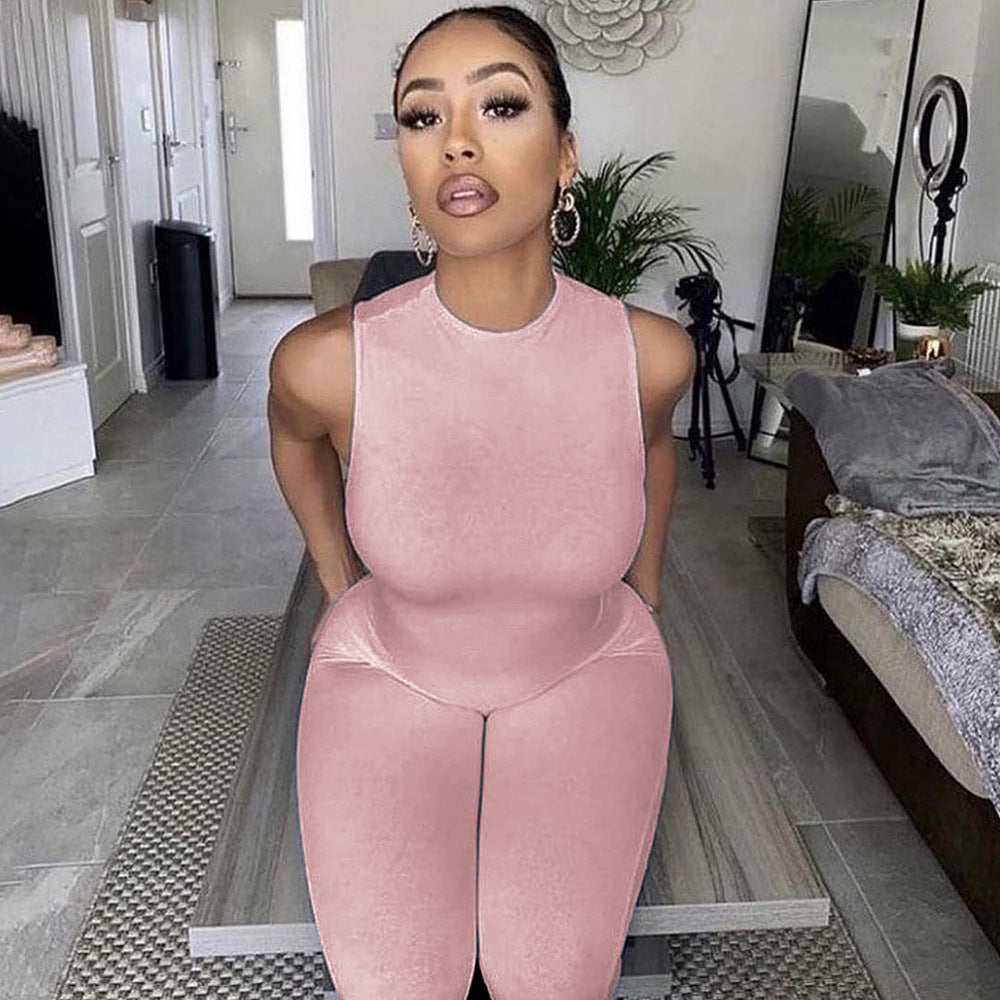 Women's All-in-One Jumpsuit with Plunge Neck and Bodycon Fit WW