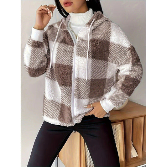 WW | Strickjacke mit Kapuze Übergröße Passform Reißverschluss Flauschige Textur Karomuster