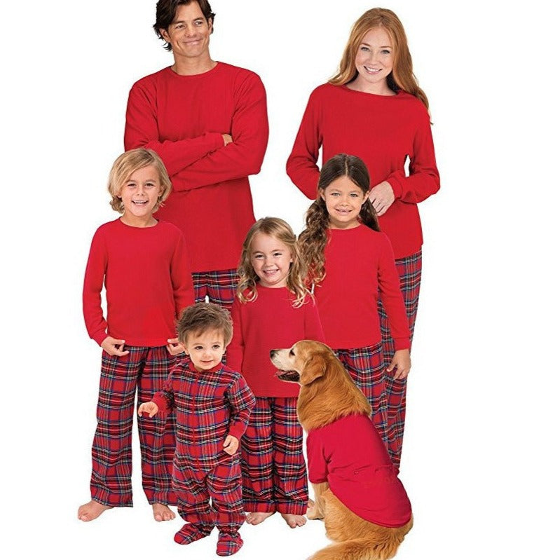 WW | Christmas Long Sleeve Pure Red Top and Plaid Long Pants Family Matching Pajamas