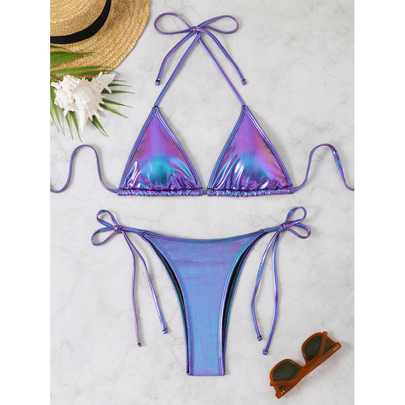 Women's triangle bikini with sparkling metallic finish and adjustable ties WW