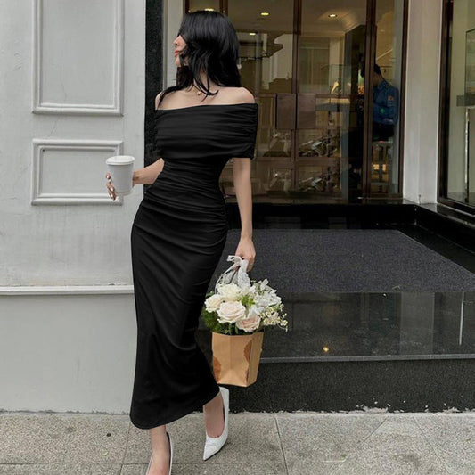 Damen Bodycon Maxikleid mit schulterfreiem Design und Raffungen WW