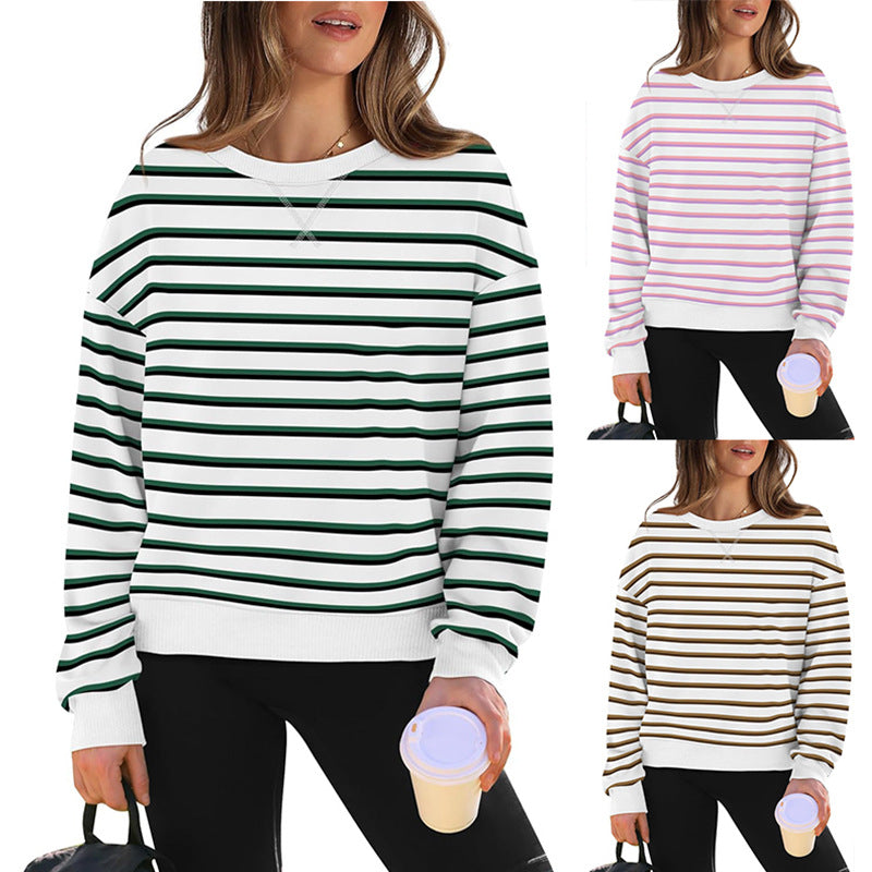 Damen lässiger Sweatshirt mit modernem Streifenmuster und Rundhalsausschnitt WW