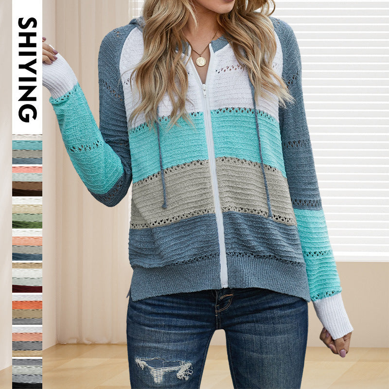 Women's Casual Knitted Cardigan with Hood and Decorative Openwork Pattern WW