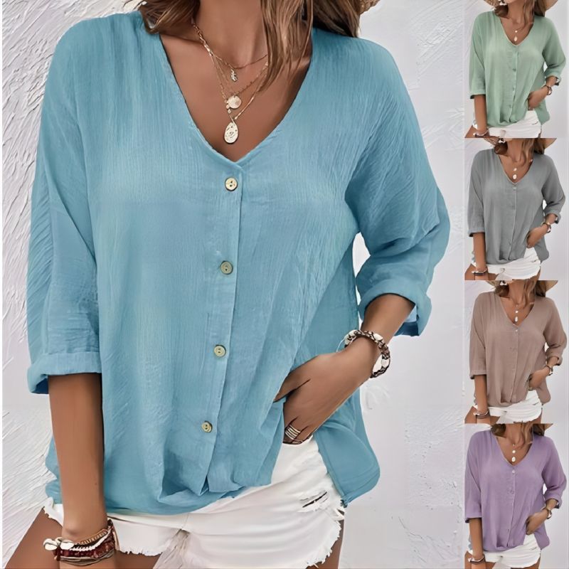 Damen lässige Bluse mit Knopfleiste und V-Ausschnitt WW