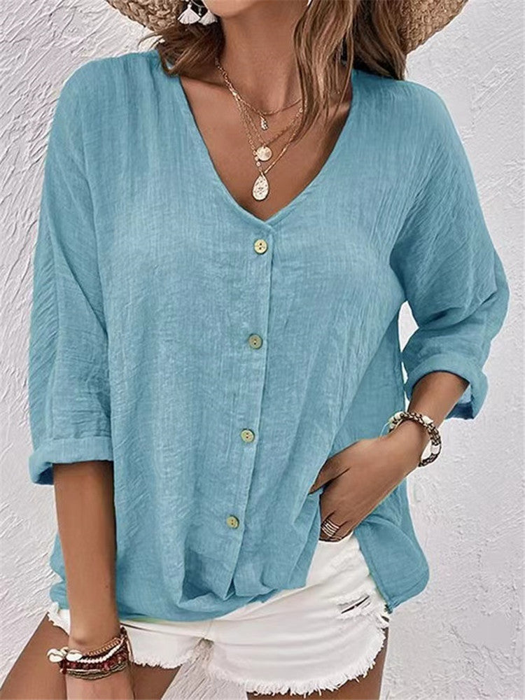 Damen lässige Bluse mit Knopfleiste und V-Ausschnitt WW
