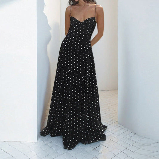 Women's Maxi Dress with Sweetheart Neckline and Playful Polka Dot Pattern WW
