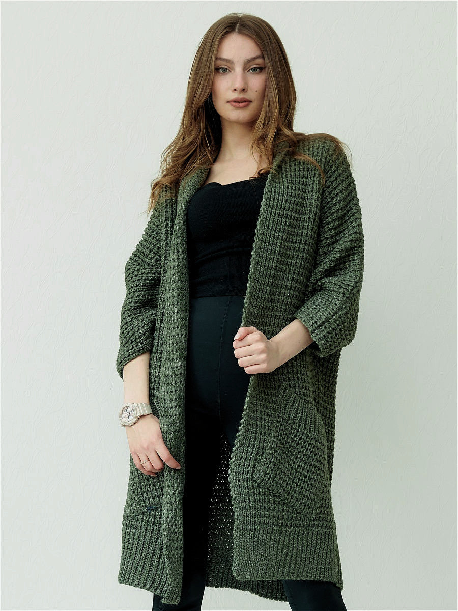 WW | Cardigan Oversized Fit Open Front Ribbed Edges Welt Pockets