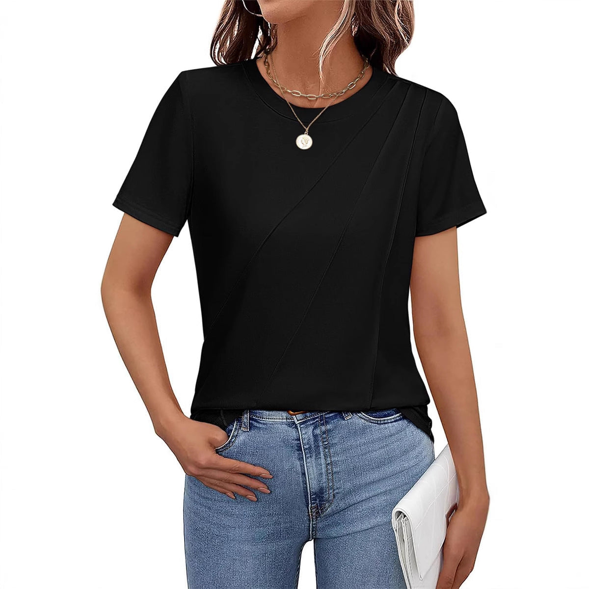 WW | Solid Striped Loose Crew Neck Short Sleeve Top