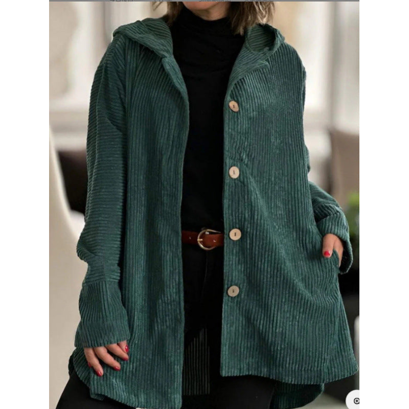 WW | Hood Corduroy Look Casual Fit Mid-Length Button Closure