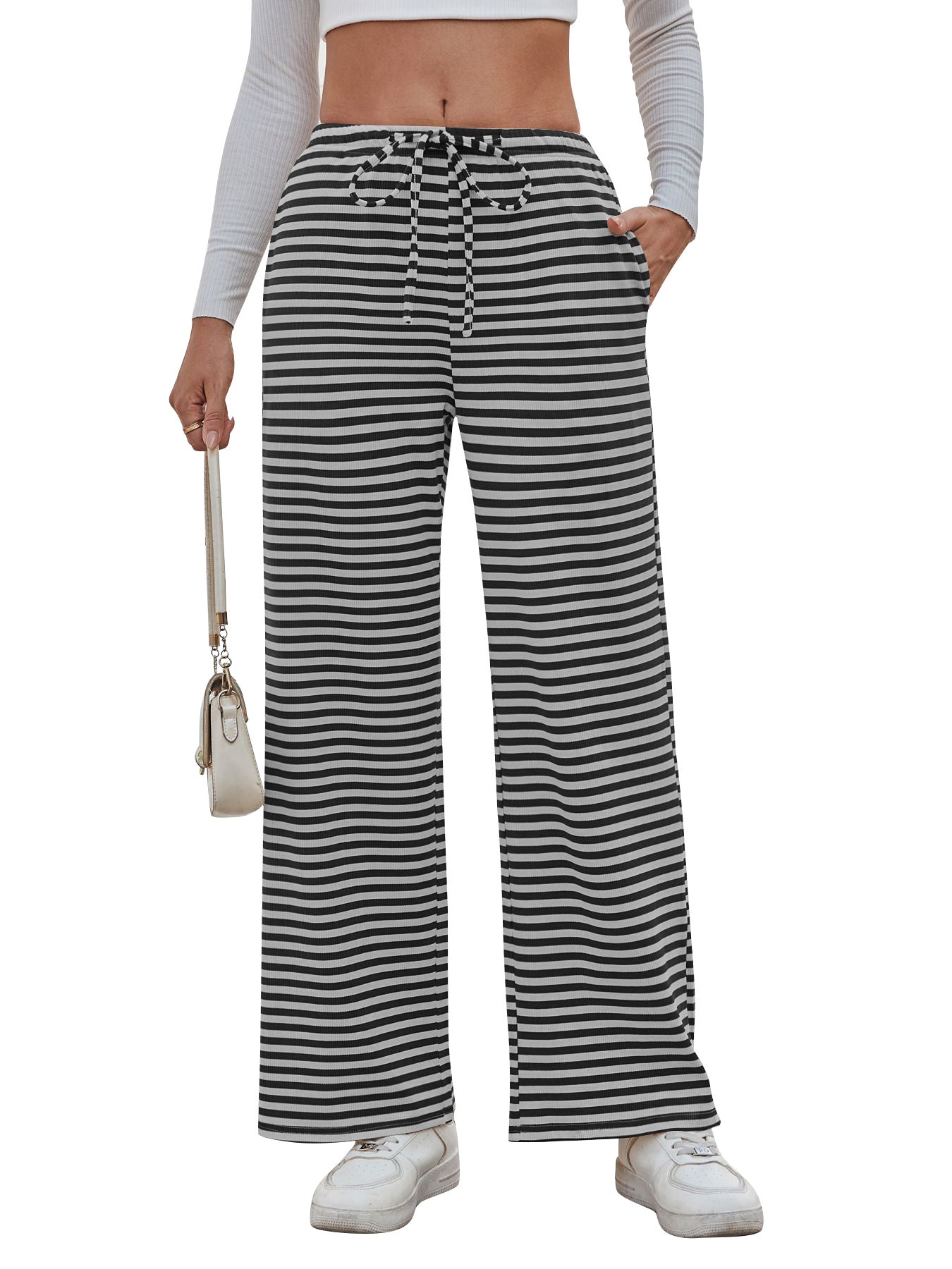 Damen weite Streifenhose mit elastischem Bund und Kordelzug WW