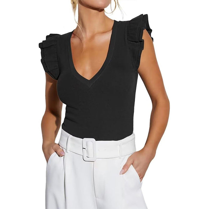 Women's Sleeveless Top with Ruffles and V-neckline WW