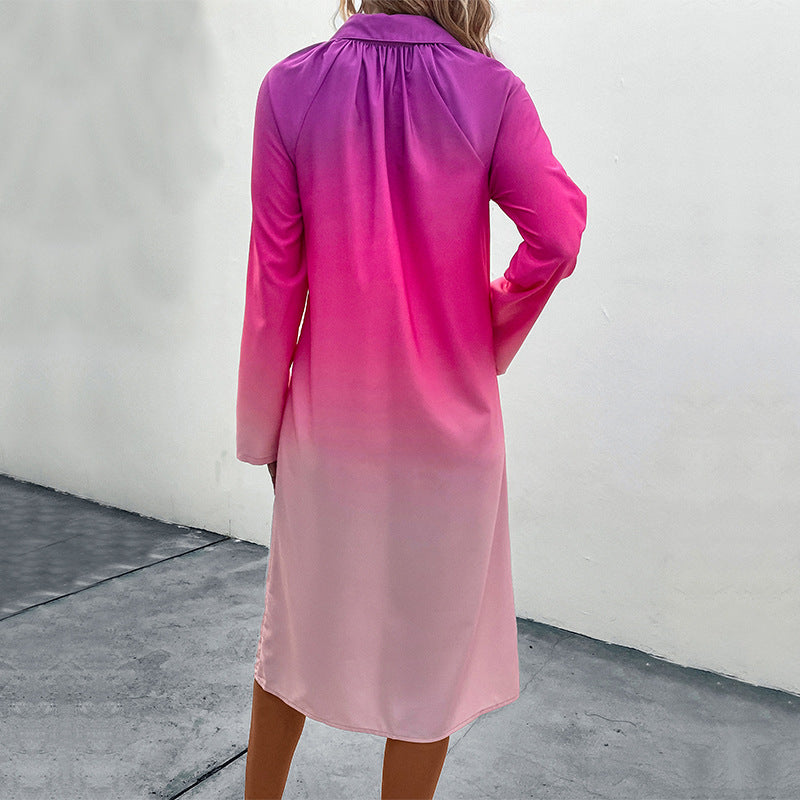 Damen Midi-Kleid mit modernem Farbverlauf und elegantem Hemdkragen WW