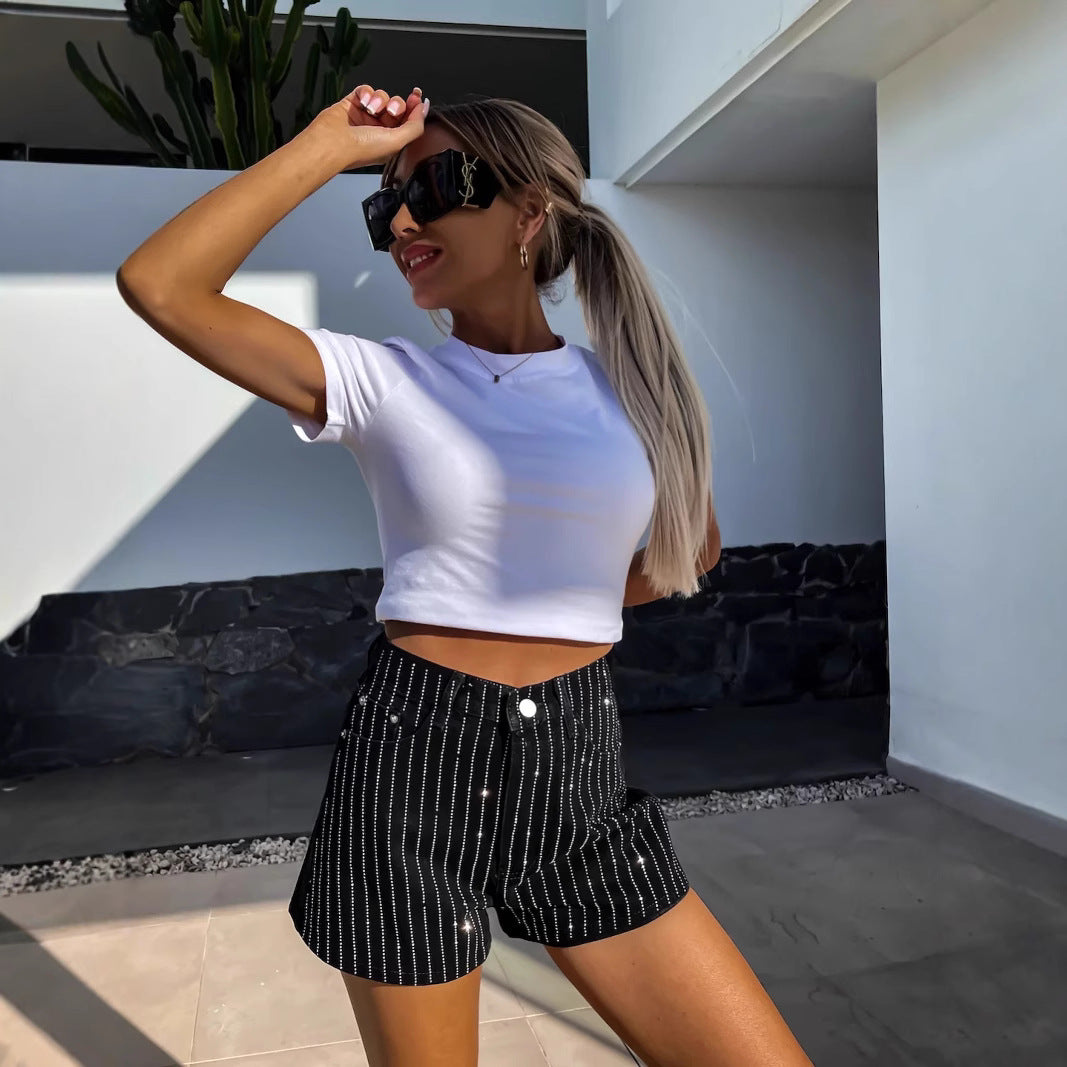 StreifenSpirit™ Women's Denim Shorts - Summer High-Waist Jean Shorts with Fine Stripe Pattern, Casual & Comfortable