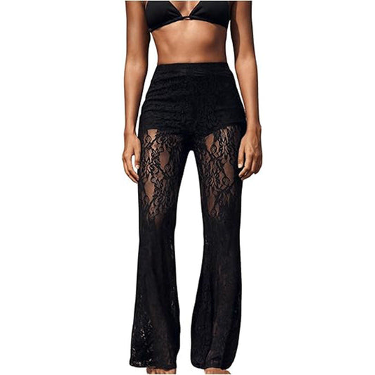 Damen elegante Spitzenhose mit hohem Bund und weit geschnittenem Bein WW