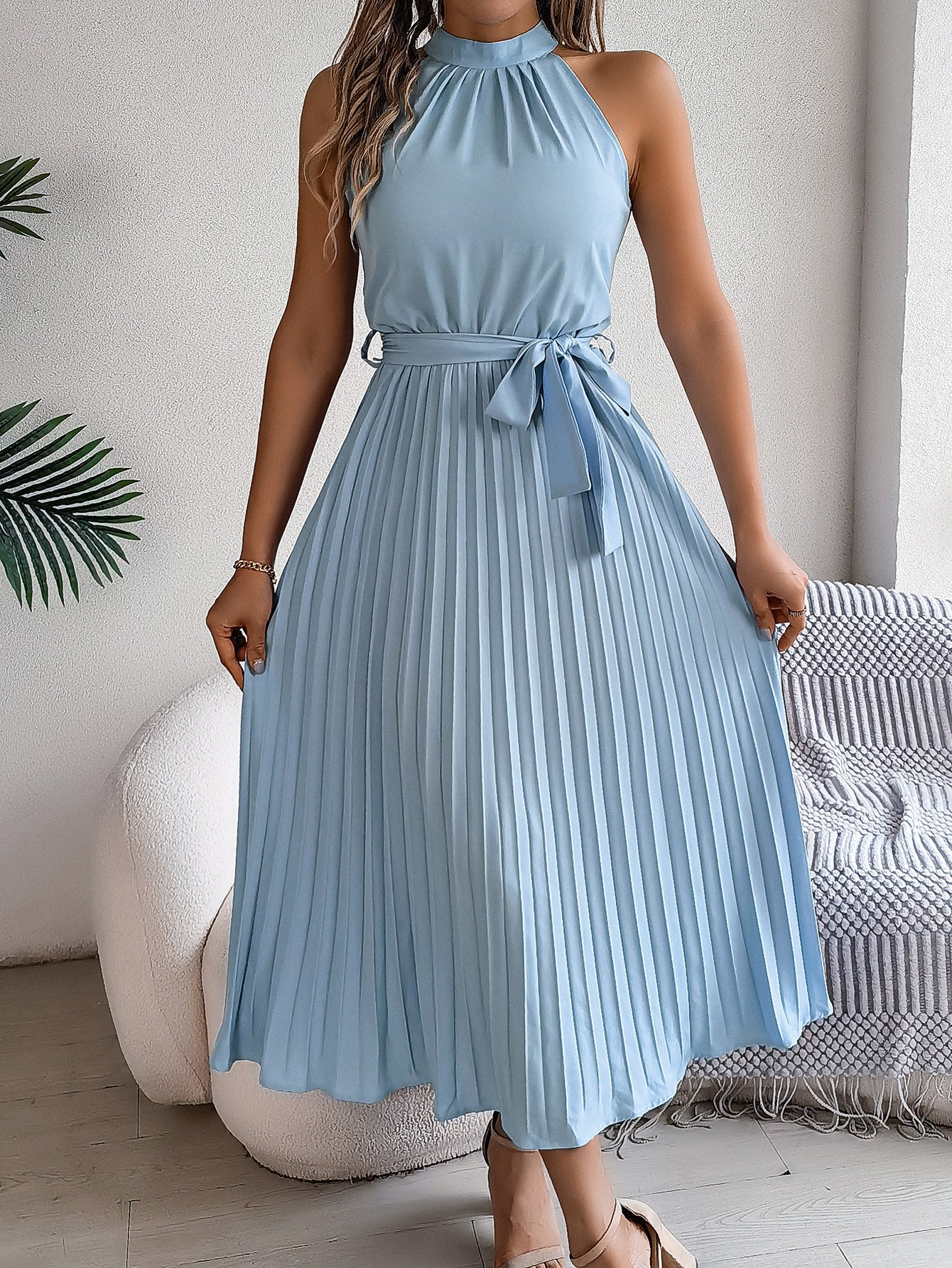 WW | Frühling Elegante Stehkragen Taille-betonte Falten Maxi Kleid
