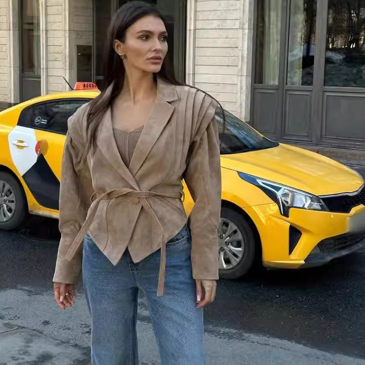 Women's Transitional Jacket made of soft suede with a waist-cinching belt and voluminous sleeves WW
