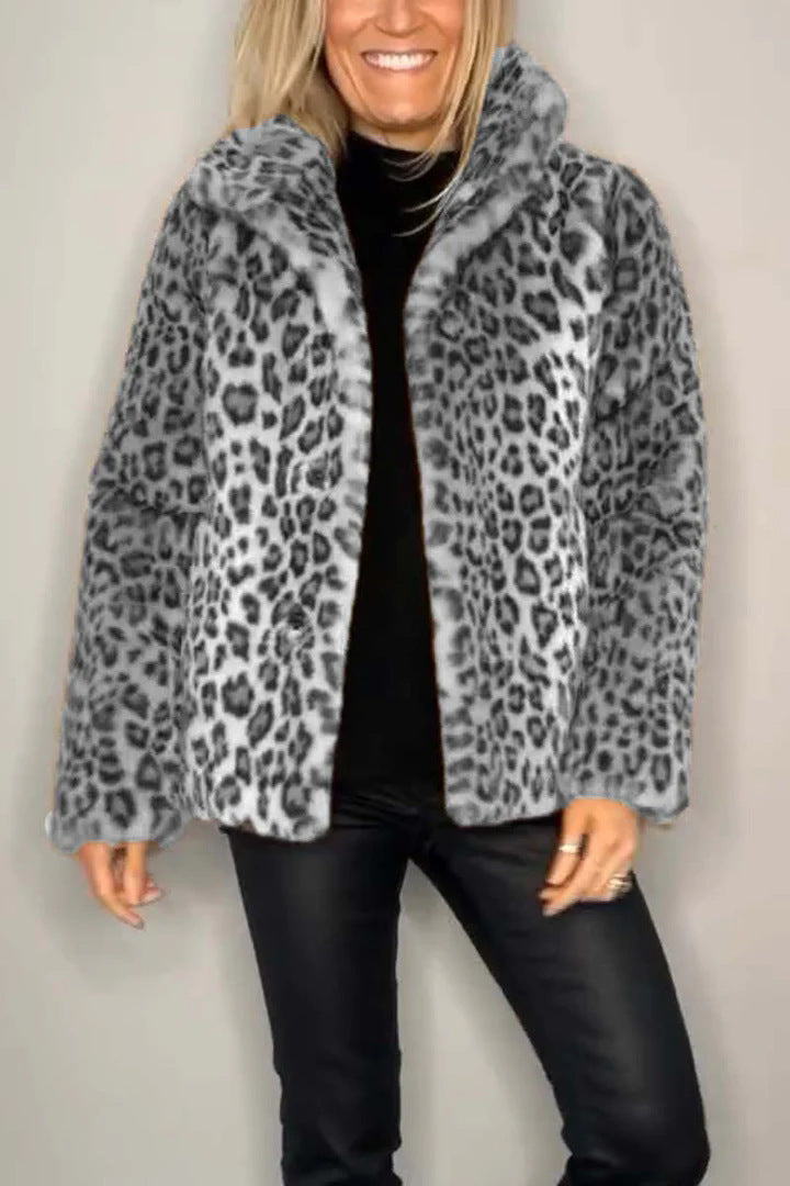 Damen Flauschige Leopardmuster Jacke mit hohem Kragen WW