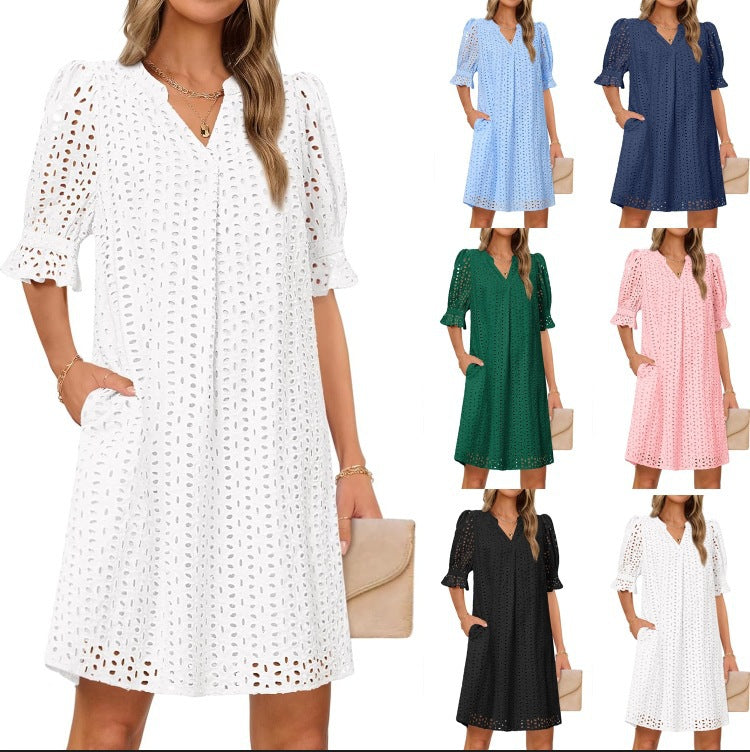 Damen luftiges Sommerkleid mit romantischem Lochmuster und praktischen Taschen WW
