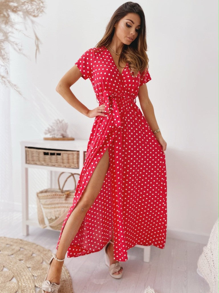 WW | Printed Polka Dot Band Waist Maxi Dress