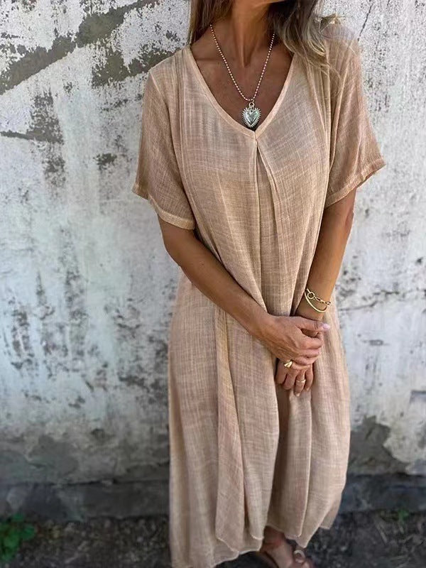 WW | Baumwolle Leinen V-Ausschnitt Kleid