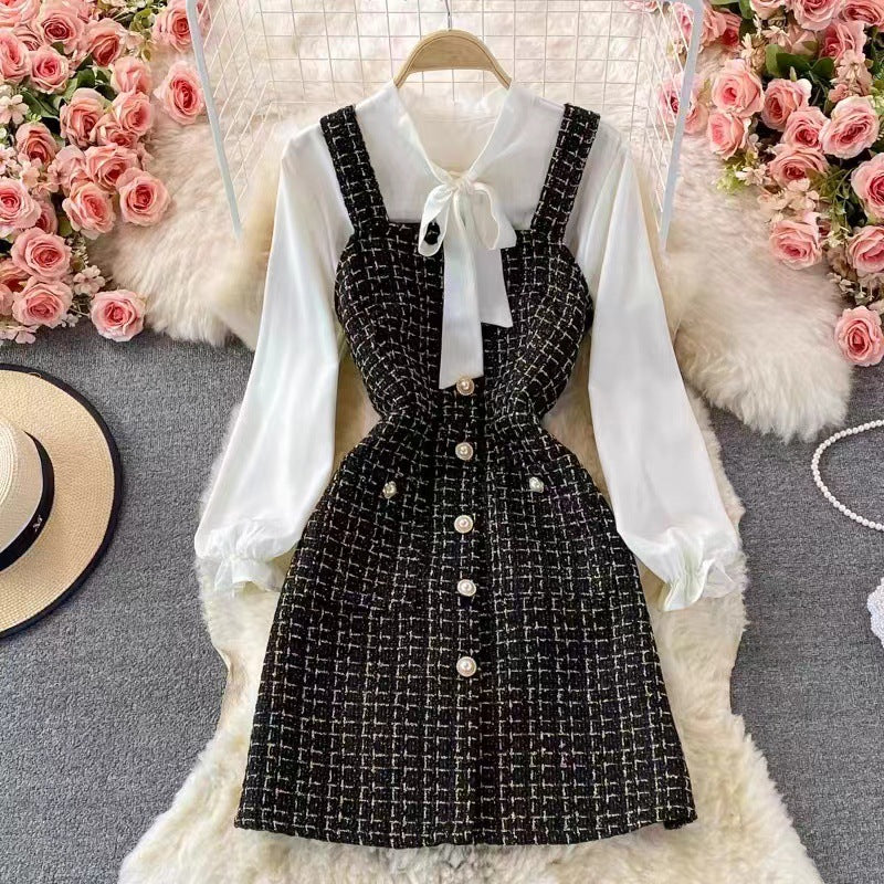 WW | Satz mit Latzkleid Tweed A-Linie Bluse mit Schleife und Puffärmeln
