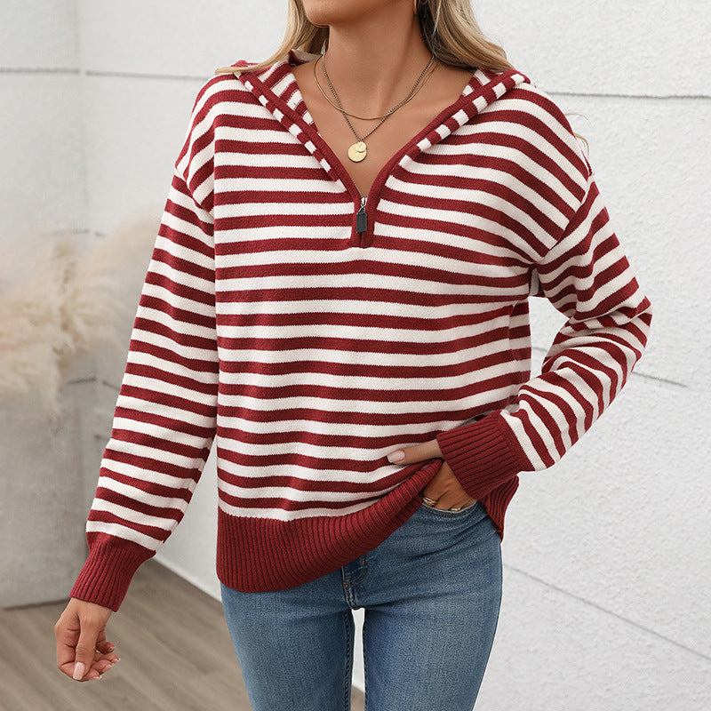 Women's cozy knitted sweater with fashionable zipper and striped pattern WW