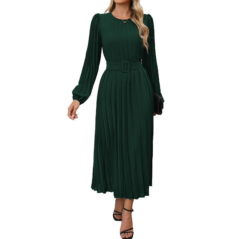 Damen Plisseekleid mit Taillengürtel und langen Ärmeln WW
