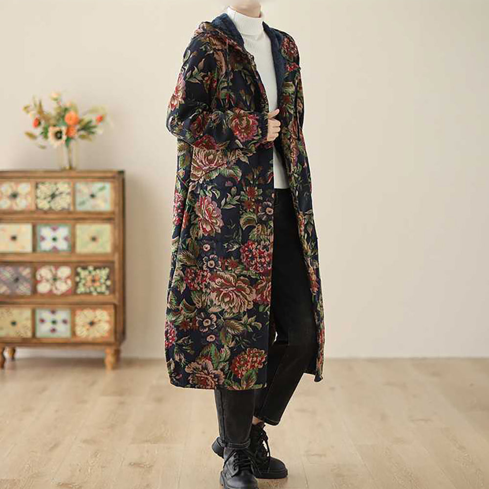 WW | Langer Mantel im Vintage-Stil mit Blumendruck