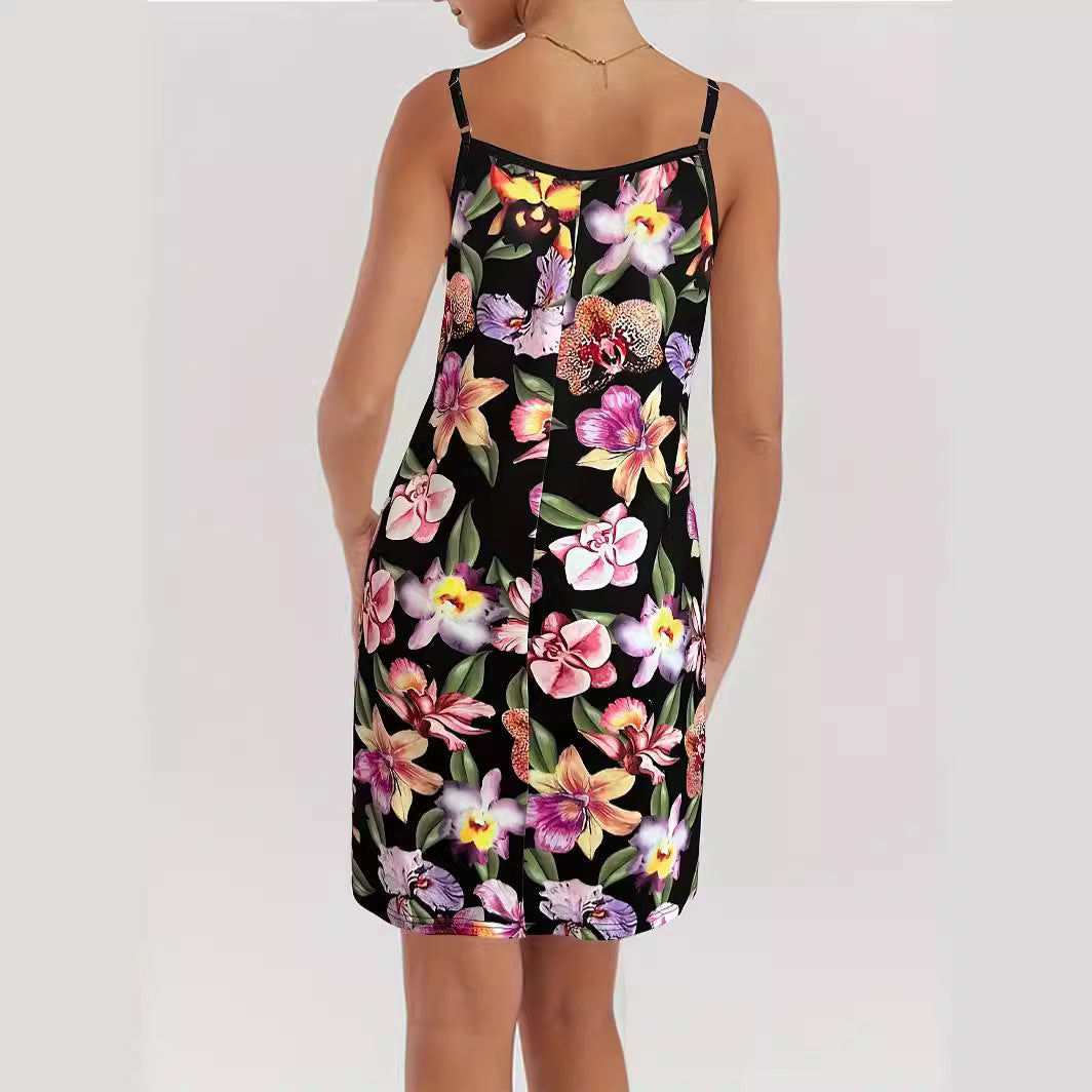 Damen Sommerkleid mit floralem Print und verstellbaren Trägern WW