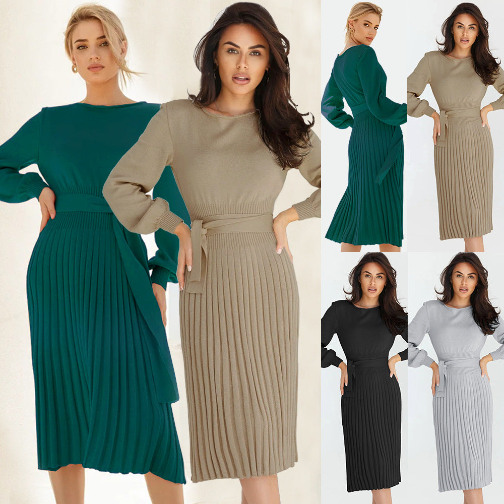 Damen Strickkleid mit taillierbarem Gürtel und langen Ärmeln WW