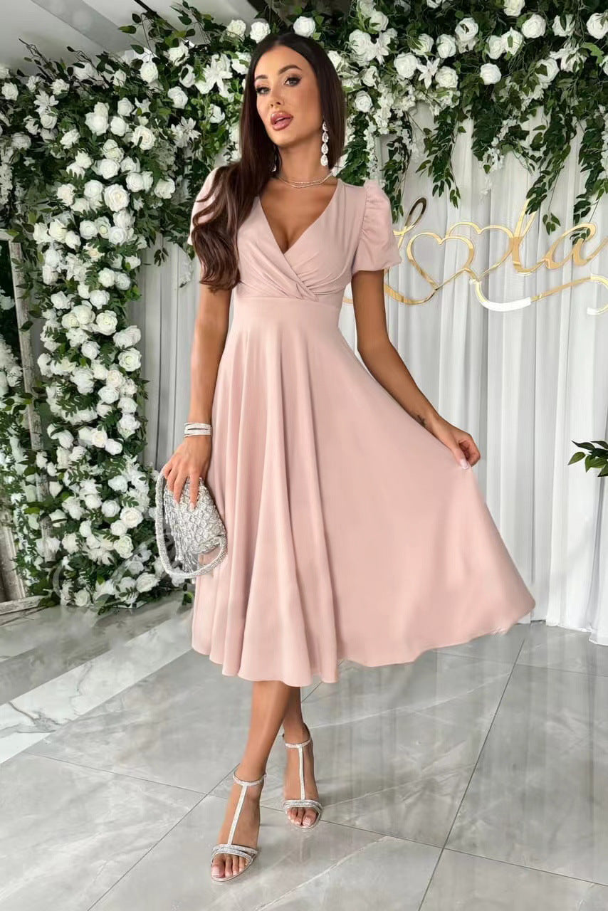 WW | Stylish Commuter Solid Color V-neck Puff Sleeve Dress