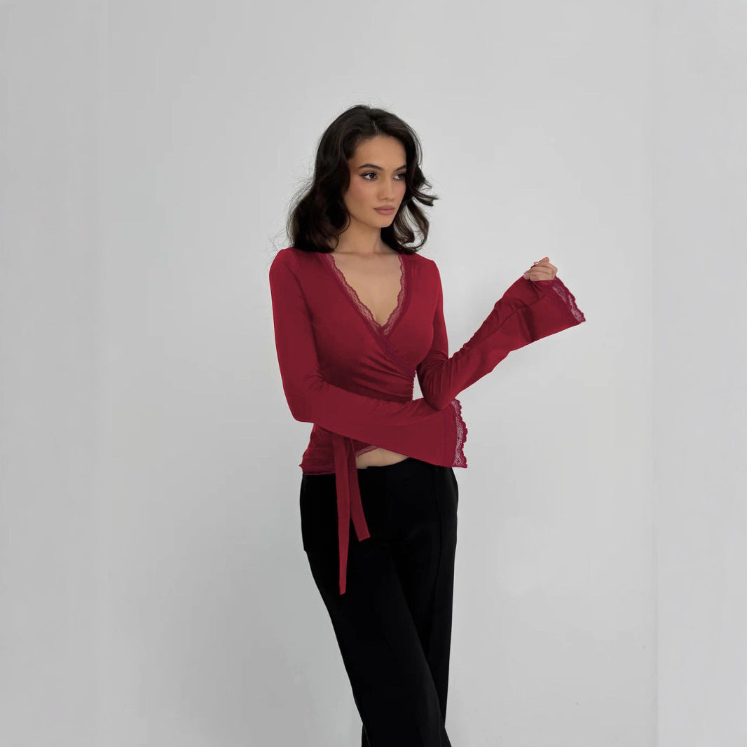 Damen Wickeloberteil mit eleganter Spitzenborte WW